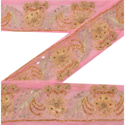 Sanskriti Vintage Sari Border Hand Beaded 1YD Indian Trim Sewing Pink Zari Lace