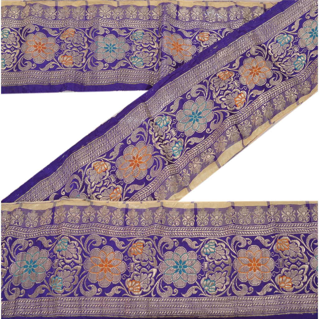 Sanskriti Vintage Sari Border Woven Brocade 1YD Trim Craft Sewing Blue Zari Lace