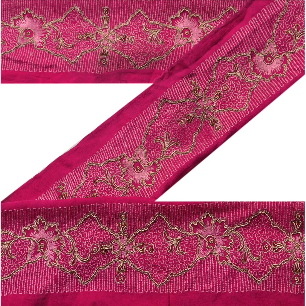 Sanskriti Vintage Sari Border Hand Beaded 1YD Indian Trim Sewing Pink Zari Lace