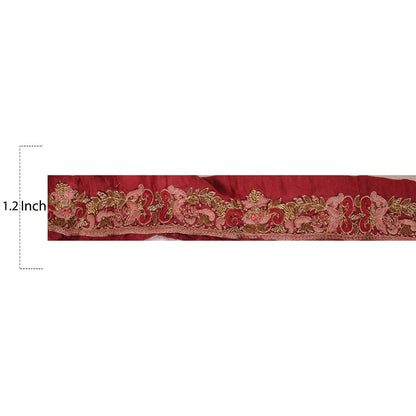 Sanskriti Vintage Sari Border Hand Embroidered 1 YD Trim Ribbon Dark Red Lace