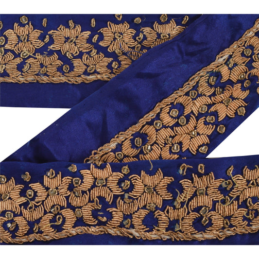 Vintage Sari Border Hand Beaded 1YD Trim Ribbon Blue Decor Zardozi Lace