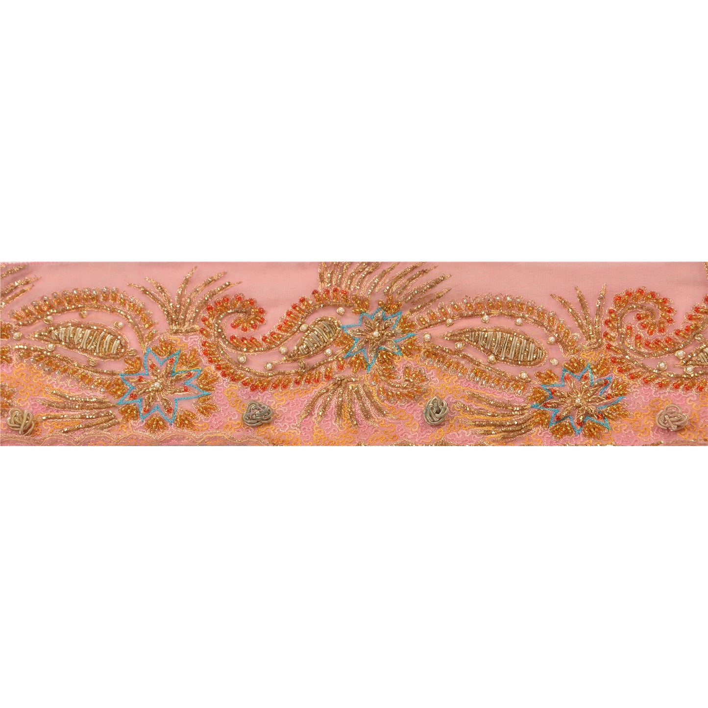 Sanskriti Vintage Sari Border Hand Beaded 1 YD Indian Trim Sewing Pink Zari Lace