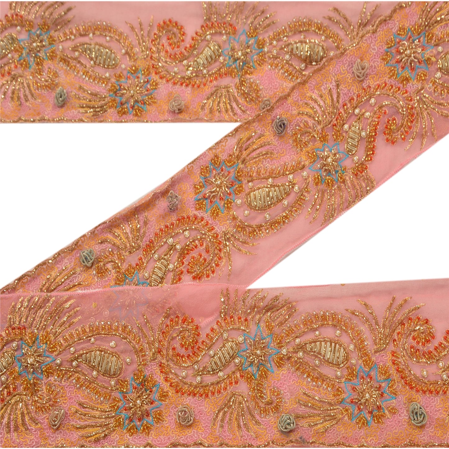 Sanskriti Vintage Sari Border Hand Beaded 1 YD Indian Trim Sewing Pink Zari Lace