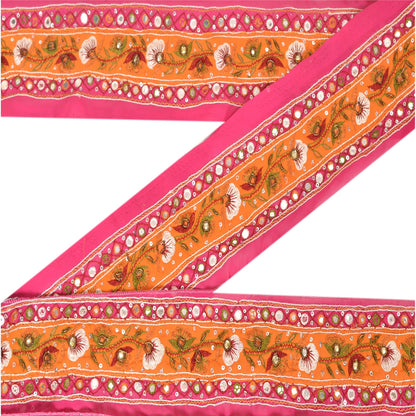 SANSKRITI VINTAGE Border Hand Beaded 1 YD Indian Trim Sewing Pink Mirror Lace