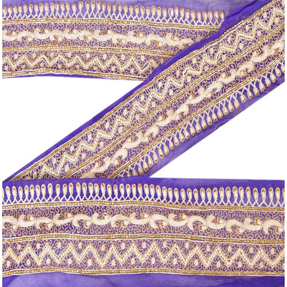 Sanskriti Vintage Sari Border Hand Beaded 1 YD Indian Trim Sewing Blue Zari Lace