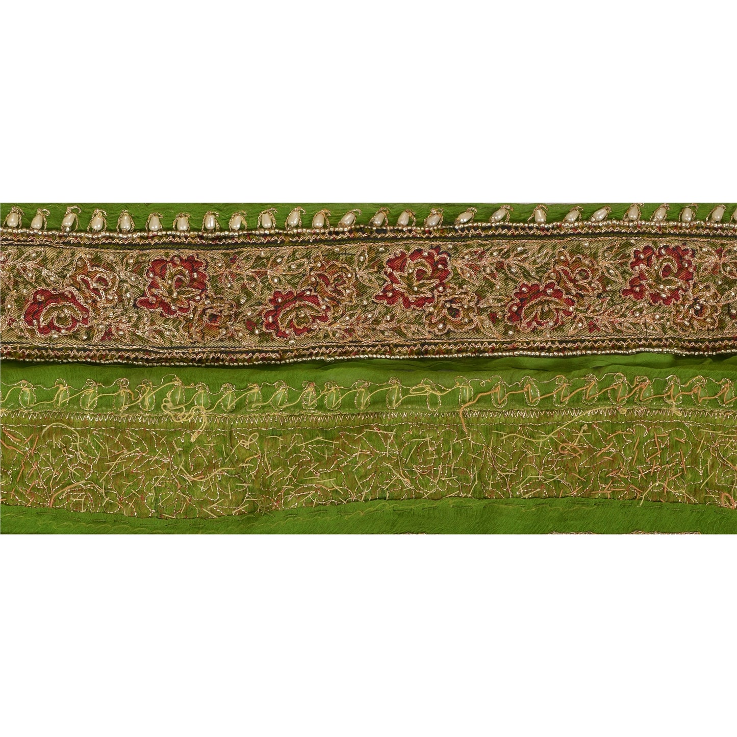 Sanskriti Vintage Sari Border Hand Beaded 1 Yard Trims Sewing Green Patch Lace