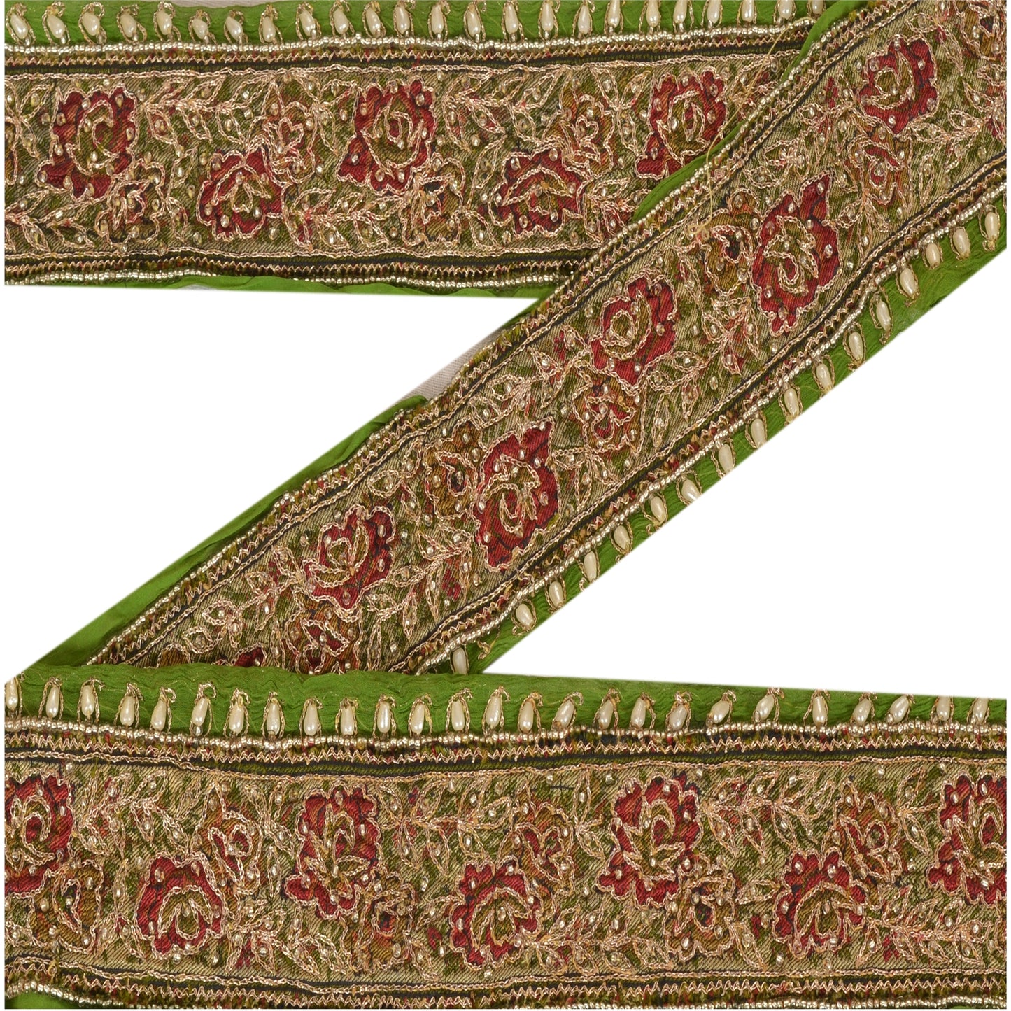 Sanskriti Vintage Sari Border Hand Beaded 1 Yard Trims Sewing Green Patch Lace