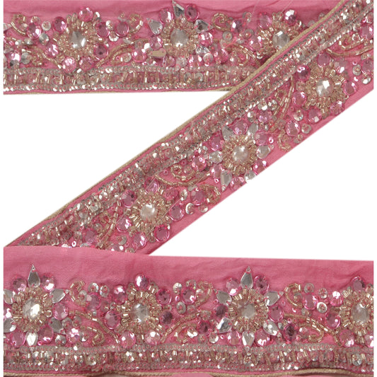 Sanskriti Vintage Sari Border Hand Beaded 1YD Trim Sewing Pink Rhinestone Lace