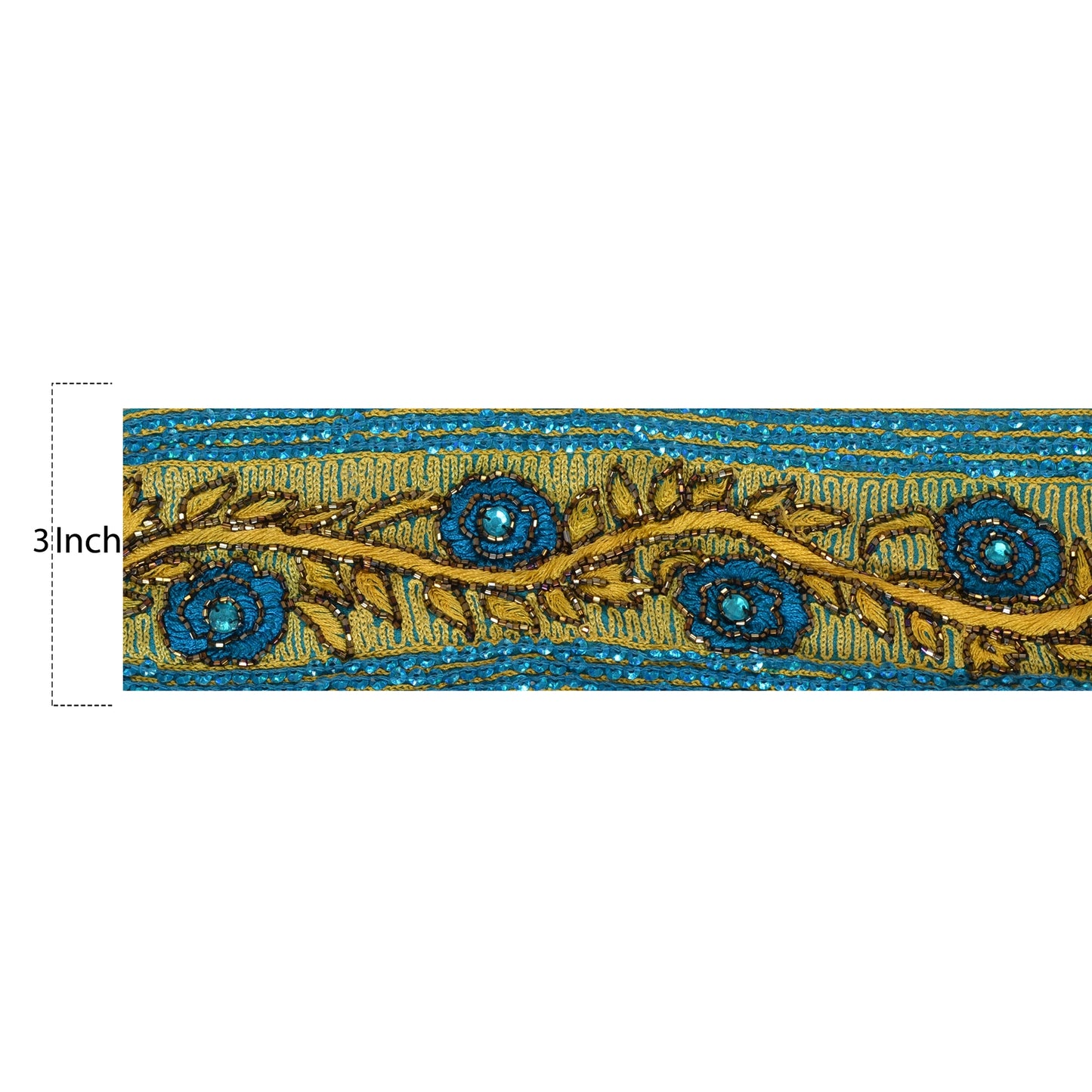 Sanskriti Vintage Sari Border Hand Beaded 1YD Indian Trim Sewing Blue Craft Lace