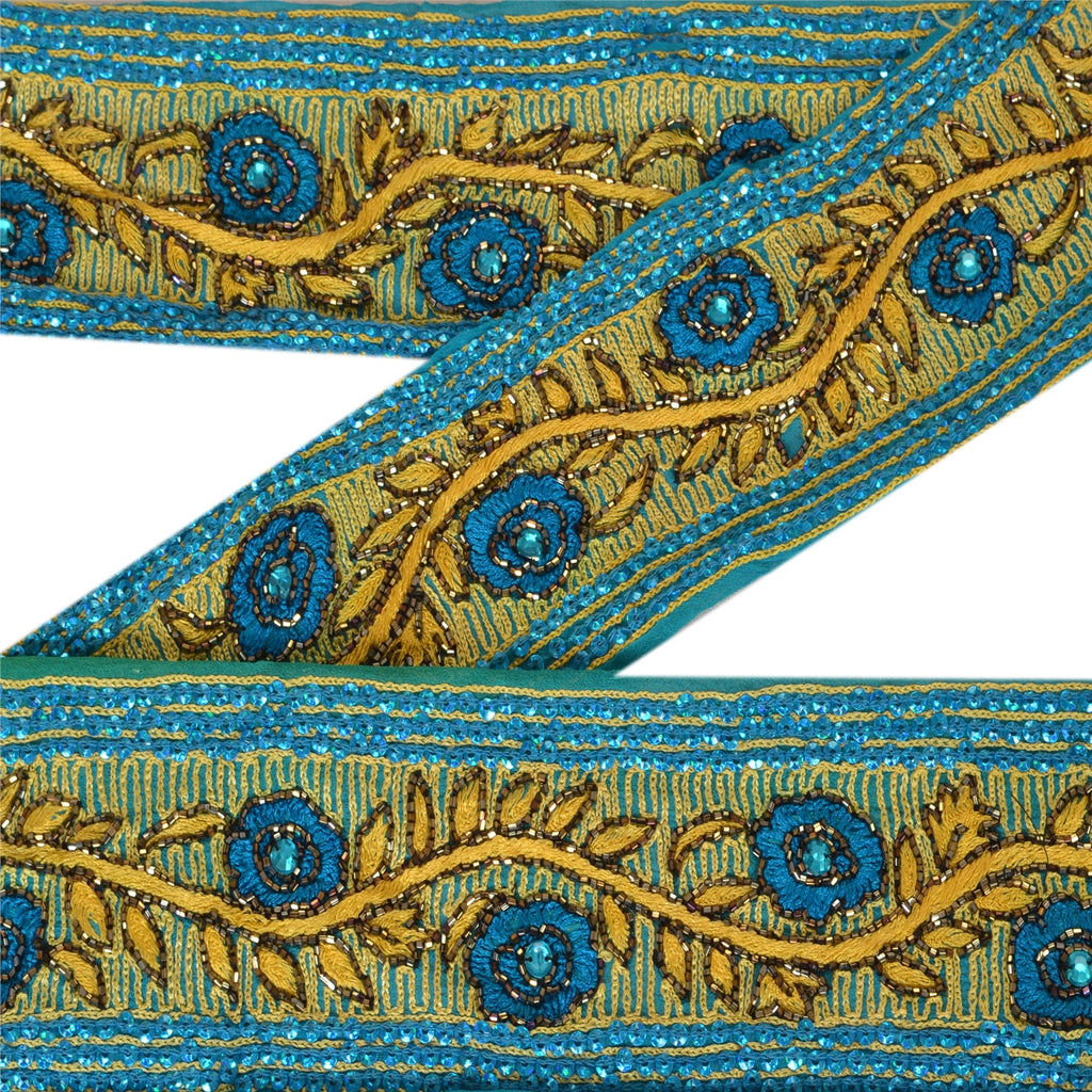 Sanskriti Vintage Sari Border Hand Beaded 1YD Indian Trim Sewing Blue Craft Lace