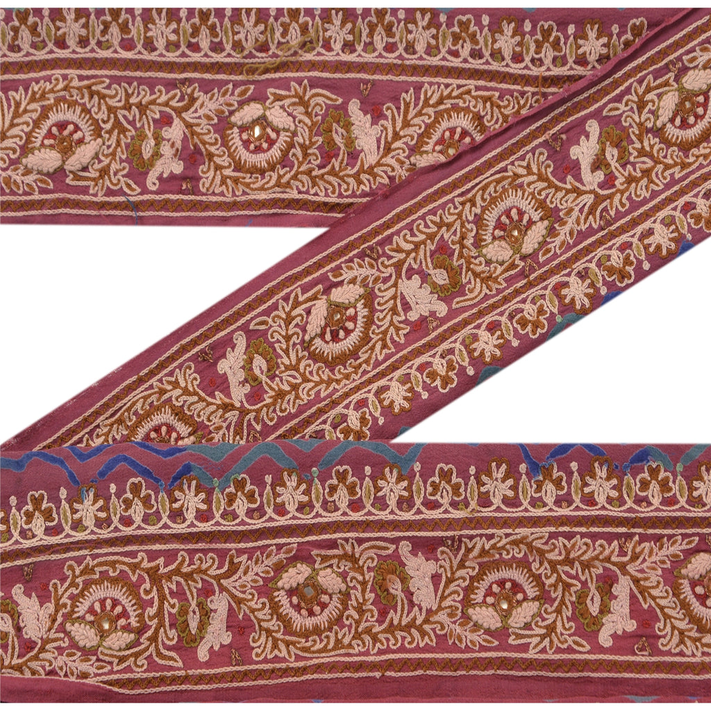 Sanskriti Vintage Sari Border Hand Embroidered 1YD Trim Sewing Purple Craft Lace