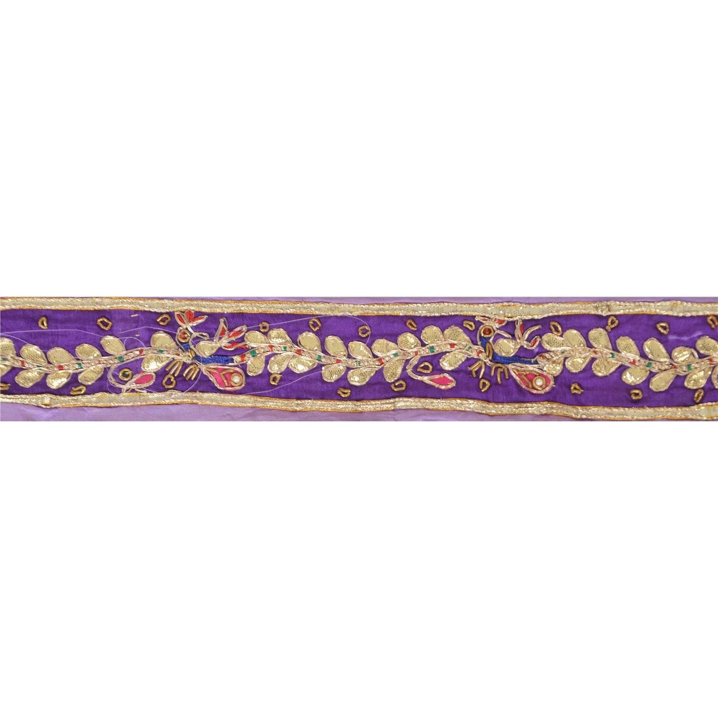 Sanskriti Vintage Sari Border Hand Beaded 1 YD Trim Gota Patti Purple Craft Lace