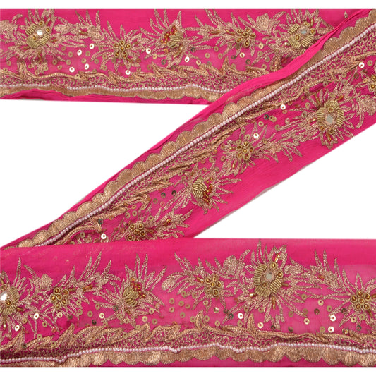 Sanskriti Vintage Sari Border Hand Beaded 1 YD Craft Trim Sewing Pink Zari Lace