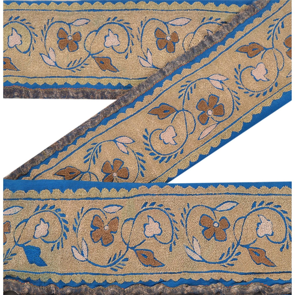 Sanskriti Vintage Sari Border Hand Embroidered 5 YD Trim Sewing Blue Craft Lace