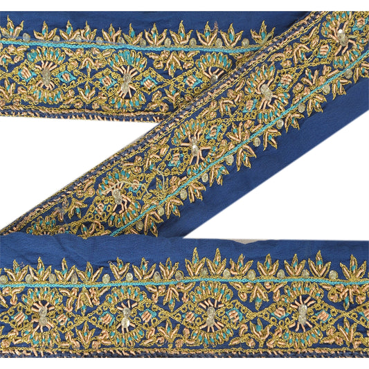 Sanskriti Vintage 1YD Sari Border Hand Beaded Indian Trim Décor Ribbon Blue Lace