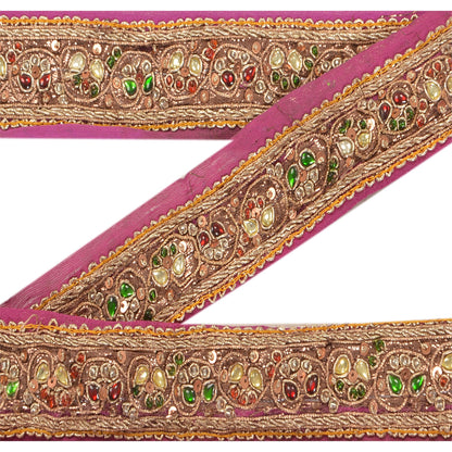 Sanskriti Vintage 1 YD Sari Border Hand Beaded Indian Trim Ribbon Purple Lace