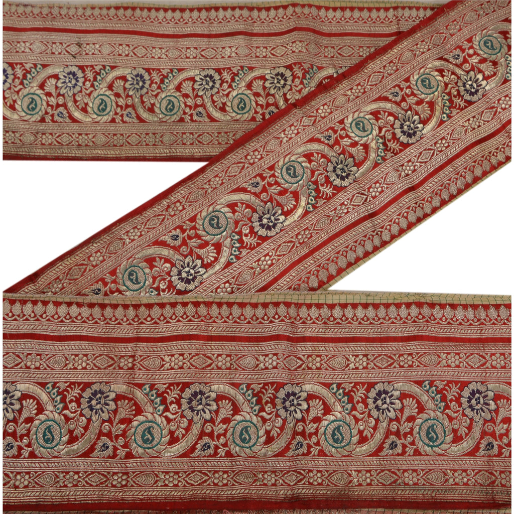 Sanskriti Vintage 1 YD Trim Sari Border Woven Brocade Craft Sewing Red Lace