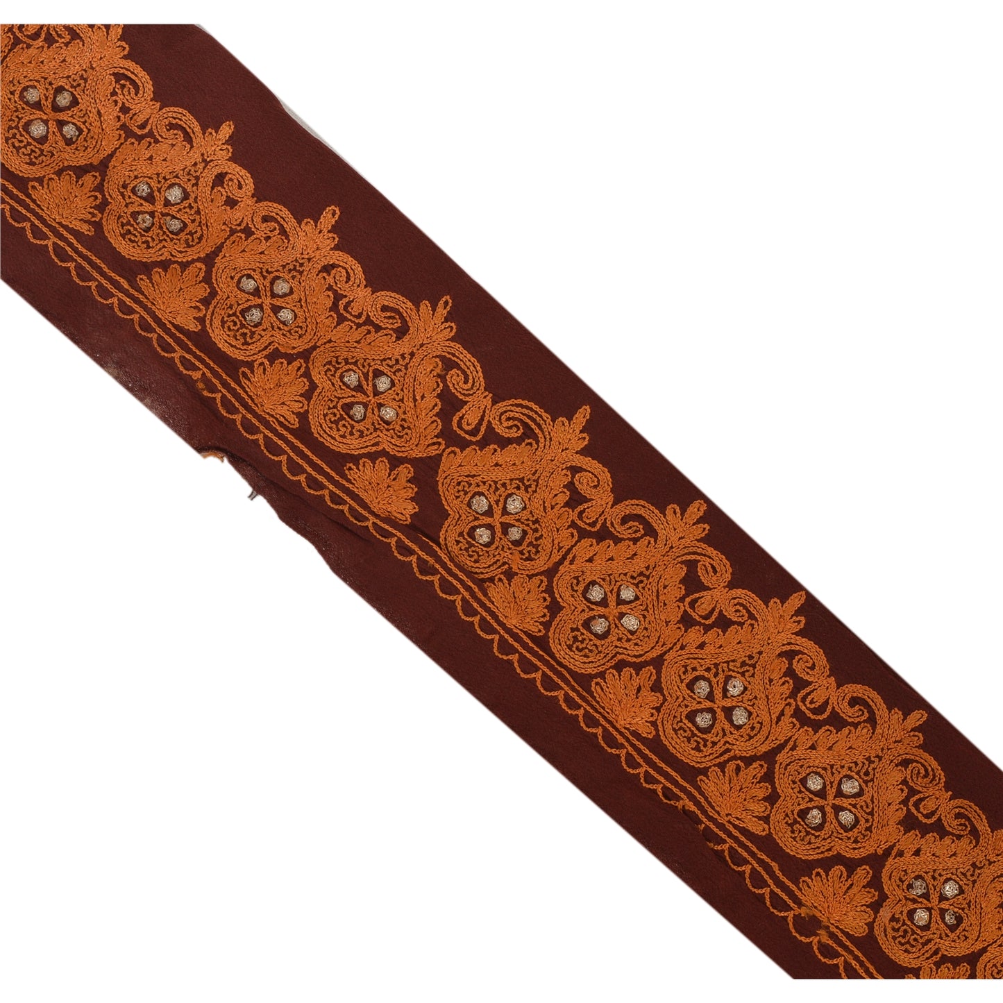 Sanskriti Vintage 1 YD Sari Border Hand Embroidered Craft Trim Ribbon Brown Lace