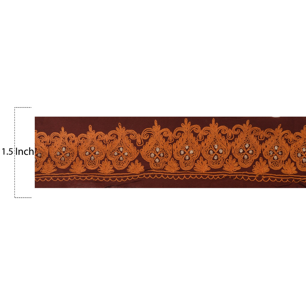 Sanskriti Vintage 1 YD Sari Border Hand Embroidered Craft Trim Ribbon Brown Lace