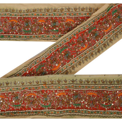 Sanskriti Vintage 1 YD Sari Border Hand Beaded Craft Trim Sewing Cream Lace