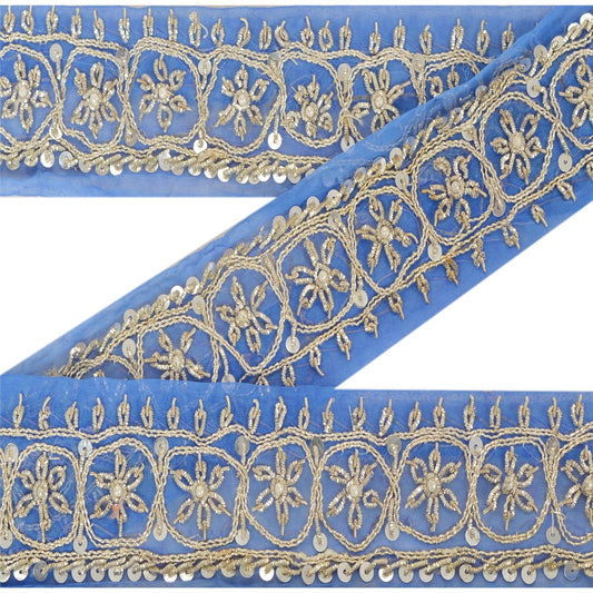 Sanskriti Vintage 1 YD Sari Border Hand Beaded Craft Trim Décor Ribbon Blue Lace