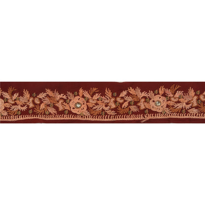 Sanskriti Vintage 5 YD Sari Border Hand Beaded Craft Trim Ribbon Dark Red Lace