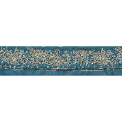 Sanskriti Vintage 1 YD Sari Border Antique Hand Beaded Trim Ribbon Blue Lace