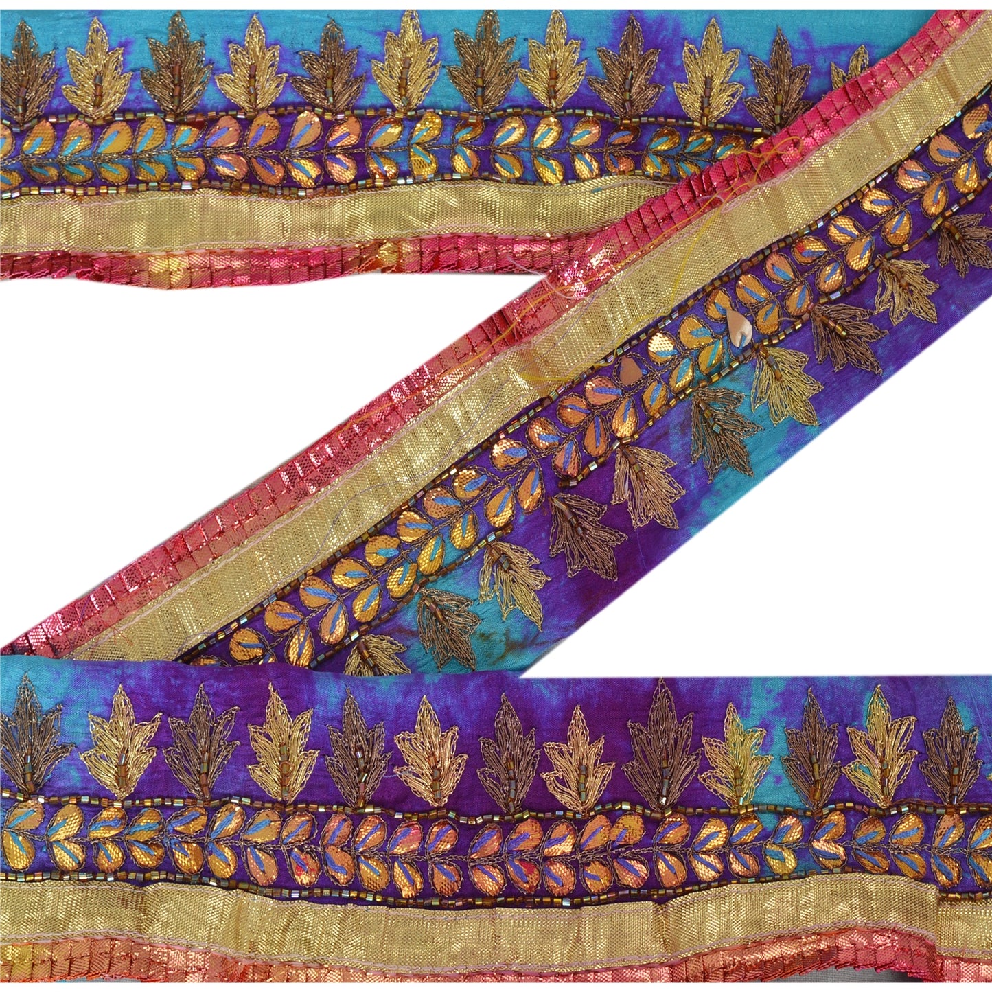 Sanskriti Vintage 1 YD Tie & Dye Sari Border Hand Beaded Trim Craft Blue Lace