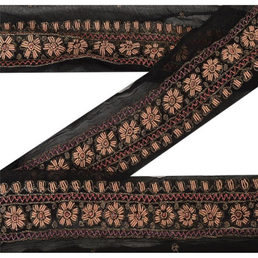 Sanskriti Vintage 1 Yard Saree Border Hand Beaded Trims Décor Ribbon Black Lace