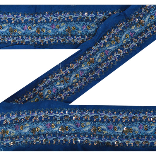 Sanskriti Vintage 1 YD Sari Border Antique Hand Beaded Trim Ribbon Blue Lace