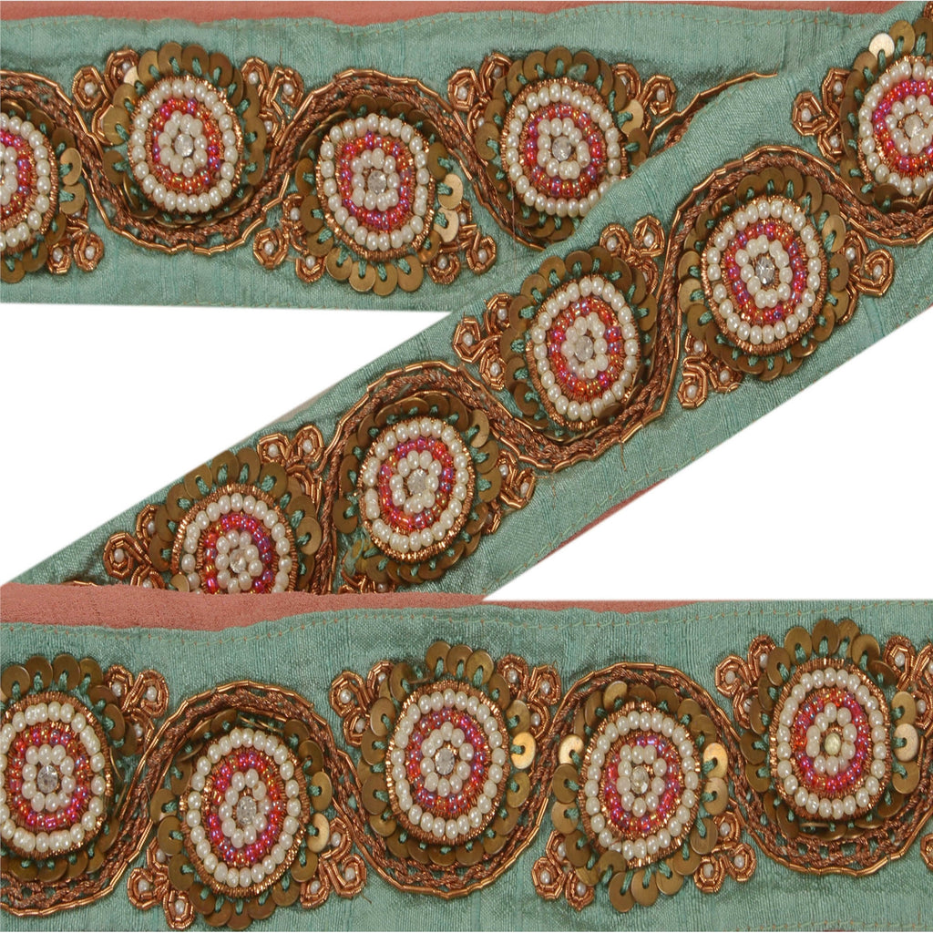 Sanskriti Vintage 1 YD Sari Border Antique Hand Beaded Trim Ribbon Green Lace