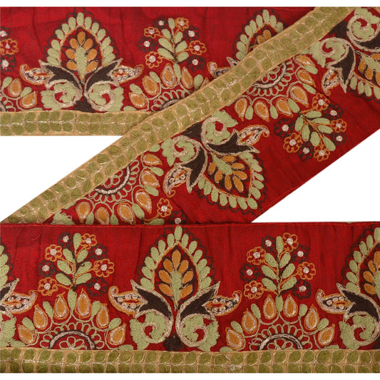 Sanskriti Vintage 1YD Sari Border Antique Embroidered Trim Sewing Red Craft Lace