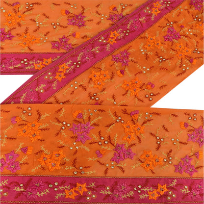 Sanskriti Vintage 1 YD Sari Border Antique Hand Beaded Trim Sewing Orange Lace