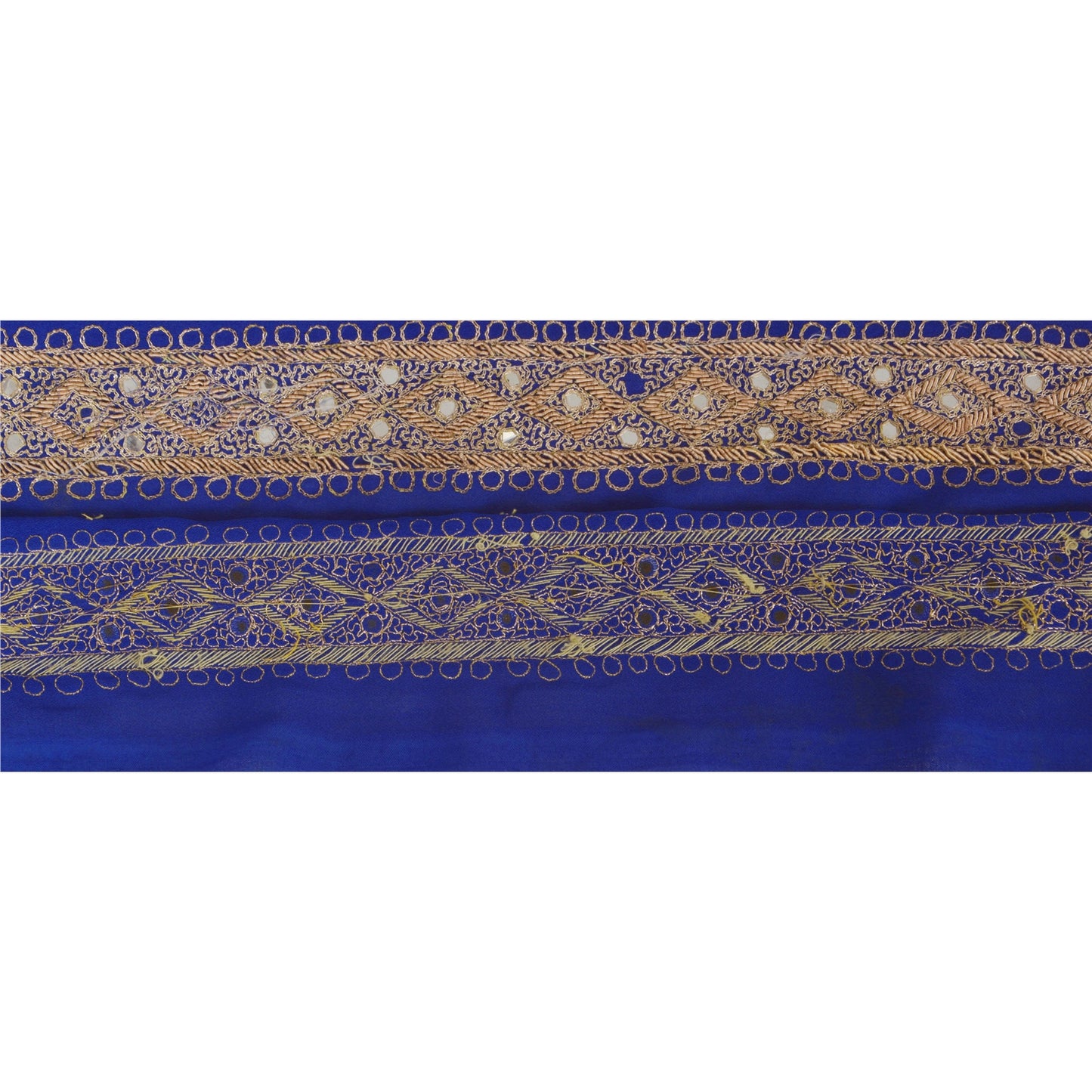 Sanskriti Vintage 1 YD Sari Border Hand Beaded Craft Ribbon Blue Mirror Lace