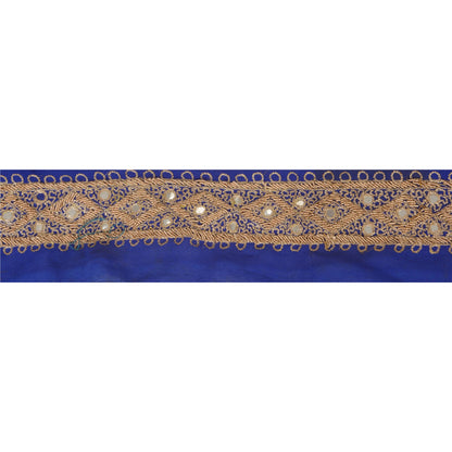 Sanskriti Vintage 1 YD Sari Border Hand Beaded Craft Ribbon Blue Mirror Lace