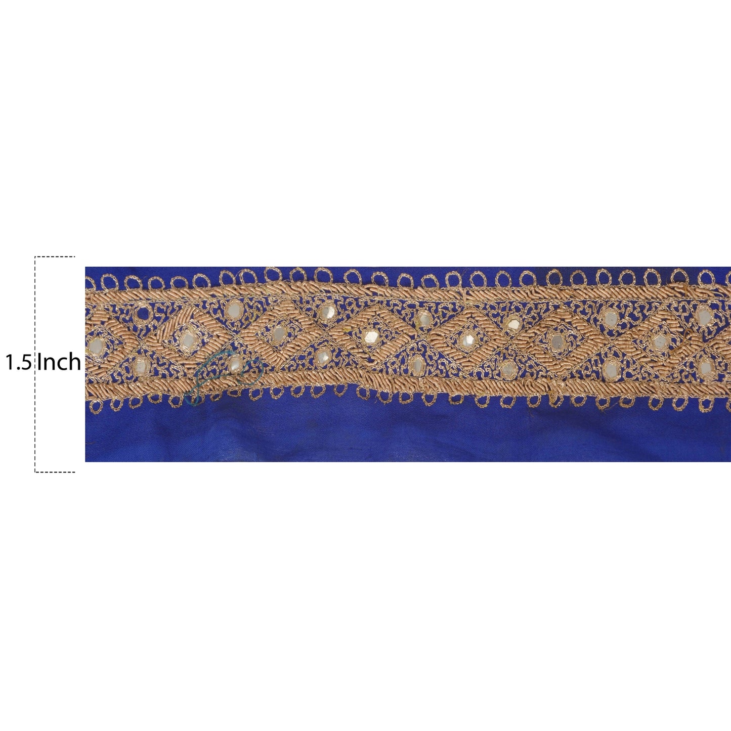 Sanskriti Vintage 1 YD Sari Border Hand Beaded Craft Ribbon Blue Mirror Lace