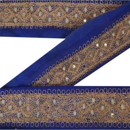 Sanskriti Vintage 1 YD Sari Border Hand Beaded Craft Ribbon Blue Mirror Lace