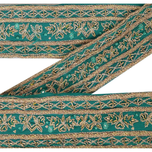 Sanskriti Vintage 1 YD Sari Border Antique Hand Beaded Craft Ribbon Green Lace