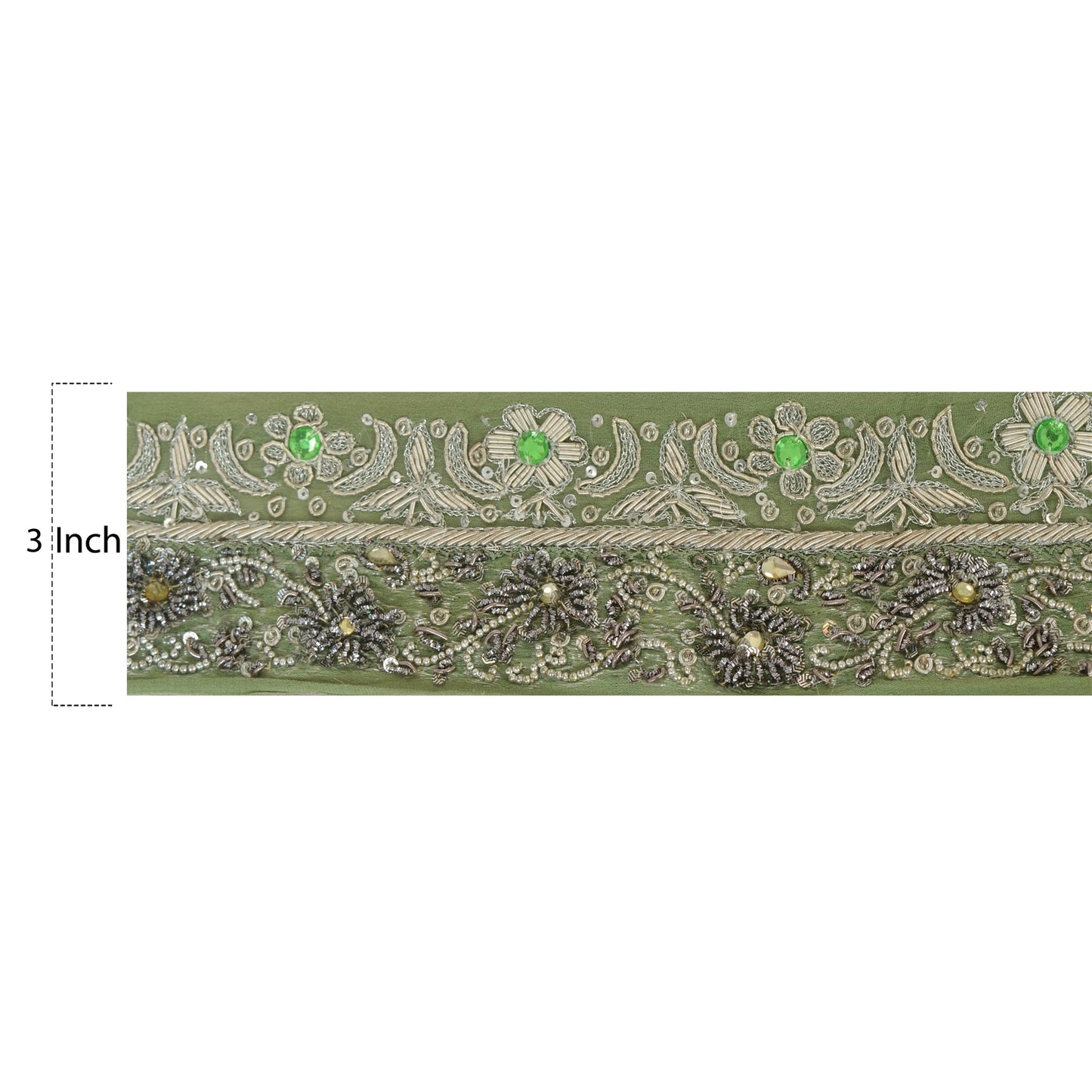 Sanskriti Vintage 2 YD Sari Border Antique Hand Beaded Craft Sewing Green Lace