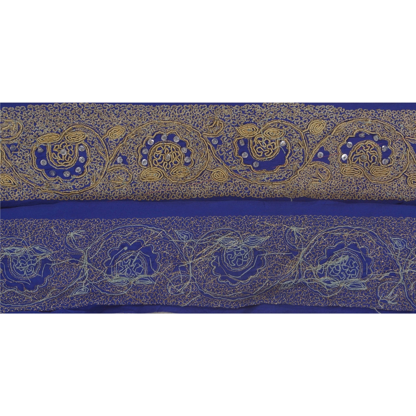 Sanskriti Vintage Blue Sari Border Hand Beaded Indian Craft Trim 1 YD Lace