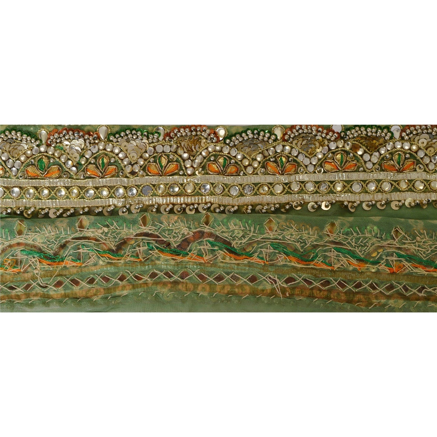 Sanskriti Vintage Sari Border 4 YD Craft Green Trim Hand Beaded Ribbon Lace