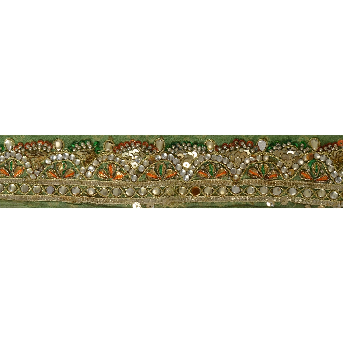 Sanskriti Vintage Sari Border 4 YD Craft Green Trim Hand Beaded Ribbon Lace