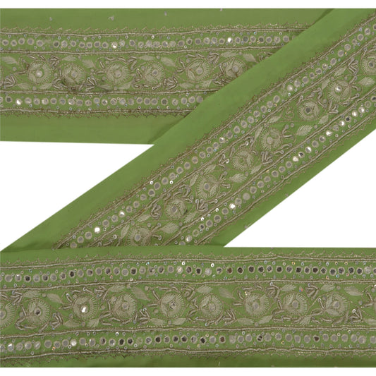 Sanskriti Vintage Green Sari Border Hand Beaded Indian Craft Trim 1 YD Lace