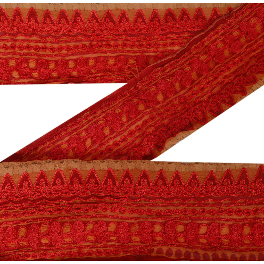 Sanskriti Vintage 1 Yard Saree Border Red Hand Embroidered Sewing Craft Lace