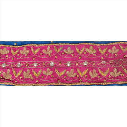 SANSKRITI VINTAGE SARI BORDER BEADED 1 YD TRIMS LACE 3.5W PURE SILK PINK BLUE