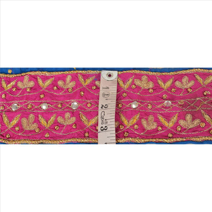 SANSKRITI VINTAGE SARI BORDER BEADED 1 YD TRIMS LACE 3.5W PURE SILK PINK BLUE