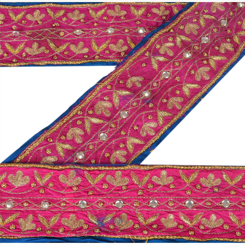 SANSKRITI VINTAGE SARI BORDER BEADED 1 YD TRIMS LACE 3.5W PURE SILK PINK BLUE