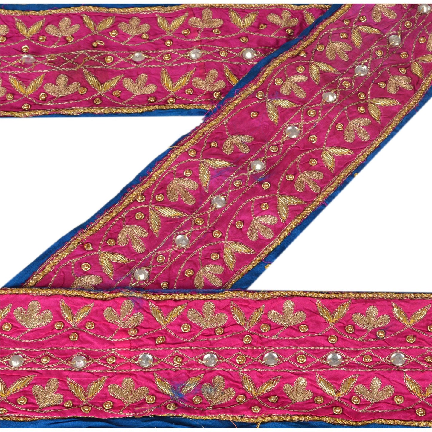 SANSKRITI VINTAGE SARI BORDER BEADED 1 YD TRIMS LACE 3.5W PURE SILK PINK BLUE