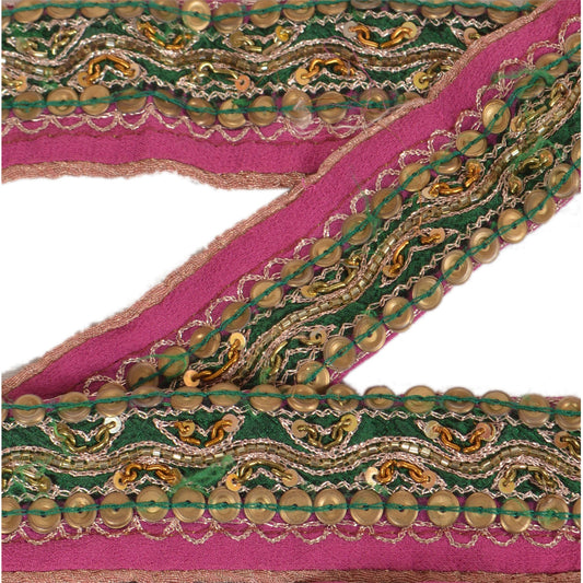 Sanskriti Vintage Sari Border Hand Beaded 4 YD Indian Trim Décor Ribbon Pink Lace