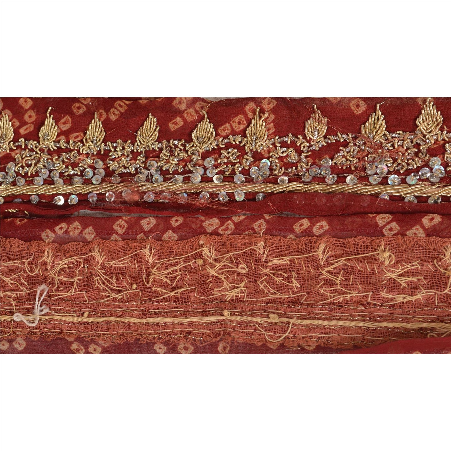 Sanskriti Vintage Bandhani Sari Border Hand Beaded 1 YD Trim Ribbon Maroon Lace